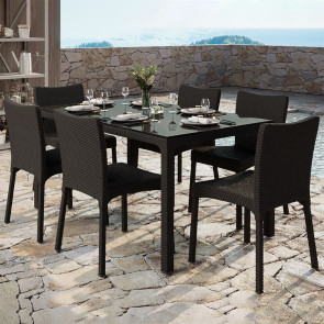 Set tavolo da giardino rettangolare 150x90cm + 6 sedie effetto rattan marrone Conchiglia