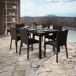 Set tavolo da giardino rettangolare 150x90cm + 6 sedie effetto rattan marrone Conchiglia