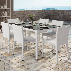 Set tavolo da giardino rettangolare 150x90cm + 6 sedie effetto rattan bianco Conchiglia