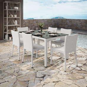 Set tavolo da giardino rettangolare 150x90cm + 6 sedie effetto rattan bianco Conchiglia