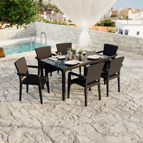 Set tavolo da giardino 150x90cm + 6 sedie con braccioli effetto rattan marrone Bora