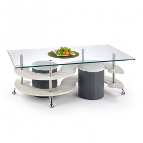 Tavolino Nicolas grigio acciaio vetro trasparente con 2 pouf grigi moderno design