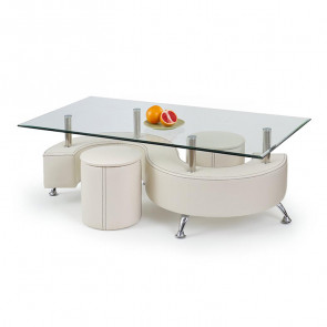 Tavolino Nicolas ecopelle bianco acciaio vetro trasparente con 2 pouf moderno design