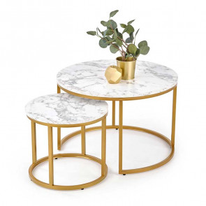 Set 2 tavolini da salotto rotondi effetto marmo bianco oro Lepi