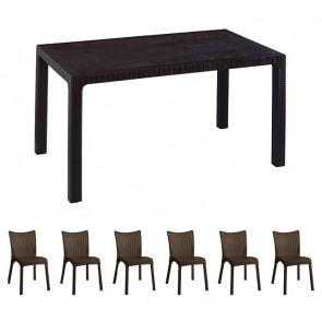 Set tavolo Elio + 6 sedie Rossana poly rattan marrone scuro esterno giardino